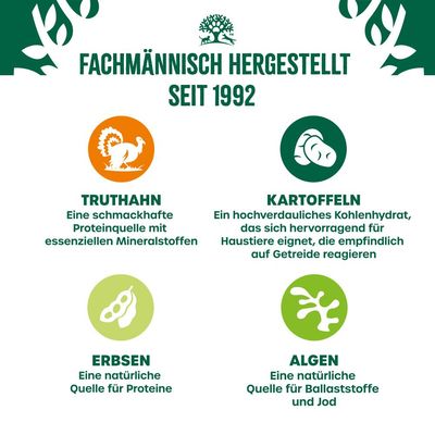 Fachmännisch hergestellt seit 1992. Truthahn: Proteinquelle mit Mineralstoffen. Kartoffeln: leicht verdaulich, getreidefrei. Erbsen: natürliche Proteinquelle. Algen: Ballaststoffe und Jod.