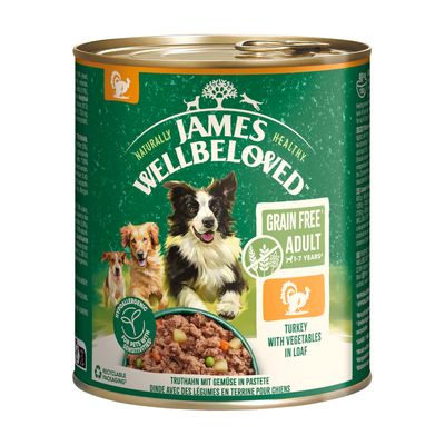 James Wellbeloved Truthahn mit Gemüse in Pastete, hypoallergen, getreidefrei, für erwachsene Hunde von 1-7 Jahren. Recyclingfähige Verpackung.