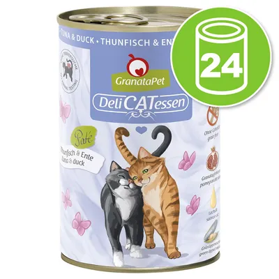 GranataPet DeliCATessen Paté Thunfisch & Ente, lot de 24 boîtes. Illustration de deux chats sur l’emballage, texte en allemand et anglais visible.