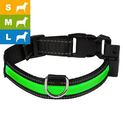 Collare per cani in nylon nero con striscia verde luminosa, fibbia in plastica e anello metallico. Icone taglie S, M, L visibili in alto a sinistra.
