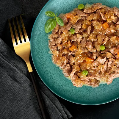 Assiette contenant de la nourriture humide en morceaux avec sauce, petits pois et carottes visibles, présentée sur une assiette verte à côté d'une fourchette dorée.