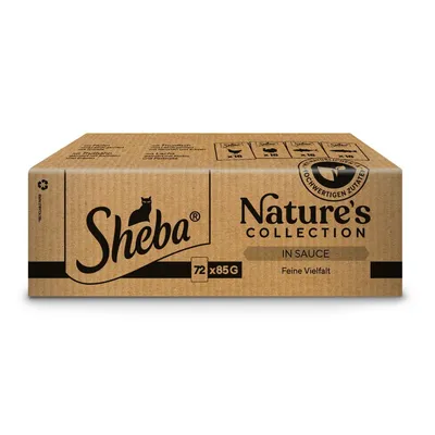Sheba Nature's Collection i sås, fin variation, 72 x 85g. Förpackning med information om högkvalitativa ingredienser.