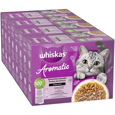 whiskas Aromatična mešana izbira v omaki, 12 porcijskih vrečk. Okusi: svinjina in korenje, piščanec, morska riba v juhi, losos in grah. 100% uravnotežene sestavine.