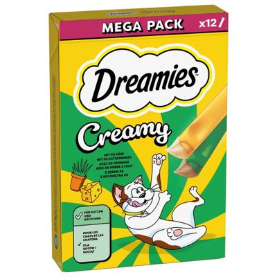 Dreamies Creamy ízletes csirkével, hozzáadott cukor nélkül, mesterséges színezékek és aromák nélkül. A csomag 4 adagot tartalmaz.