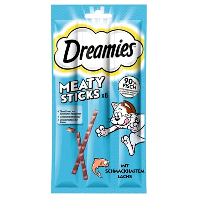 Dreamies Meaty Sticks x6 с вкусна сьомга, 90% риба, без изкуствени оцветители, беззърнена рецепта, неустоими за котки.