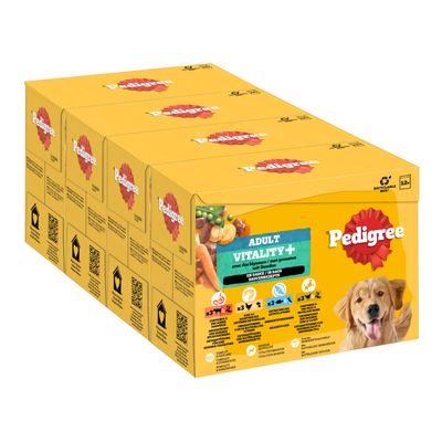 Pedigree Adult Vitality+ med grönsaker och kött i sås. Förpackningen visar produktinformation, återvinningssymbol och portionsangivelser för hundar. Innehåll: 12 påsar.