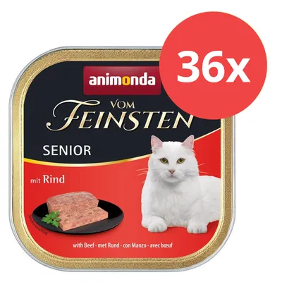 Animonda Vom Feinsten Senior mit Rind, 36x. Nassfutter für Katzen, Abbildung einer weißen Katze und Fleischstück auf schwarzem Teller.