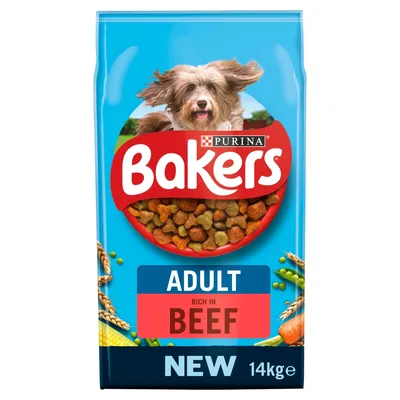 Bakers Adult Rich in Beef, new 14kg pack. Image shows dry food pieces and highlights beef as main ingredient for adult pets.