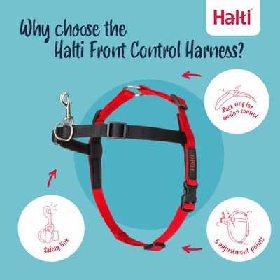 Halti Front Control Harness mit Sicherheitslink, Rückring für Bewegungssteuerung und 5 Einstellpunkten. Produktmerkmale hervorgehoben.