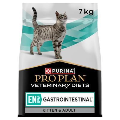 Purina Pro Plan Veterinary Diets EN Gastrointestinal kattenvoer, 7 kg, voor kitten & adult. Verpakking toont gestreepte kat en merknaam.