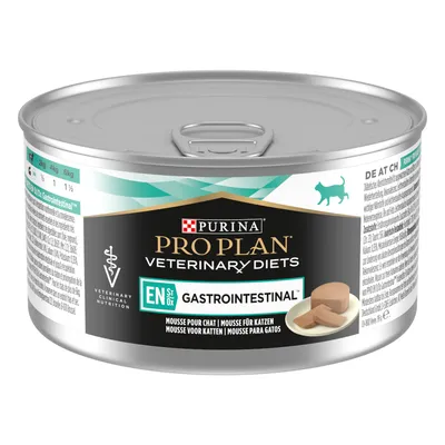 Purina Pro Plan Veterinary Diets EN Gastrointestinal mousse for cats, can with feeding recommendation for 2kg, 4kg and 6kg body weight. Purina Pro Plan Veterinary Diets EN Gastrointestinal mousse for cats, can with feeding recommendation for 2kg, 4kg and 6kg body weight.