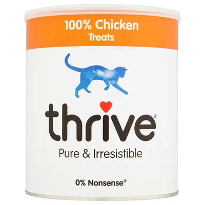 Thrive 100% Chicken Treats, Pure & Irresistible, 0% Nonsense. Balení s modrou siluetou kočky a oranžovým pruhem nahoře.