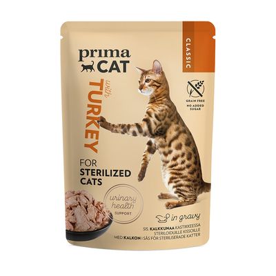 Prima Cat Classic mit Truthahn, für sterilisierte Katzen. Getreidefrei, ohne Zuckerzusatz, unterstützt Harnwegsgesundheit. In Sosse.