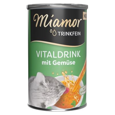 Miamor Trinkfein Vitaldrink s zeleninou, s vitamínmi. Zobrazenie mačky a misky s oranžovým nápojom.