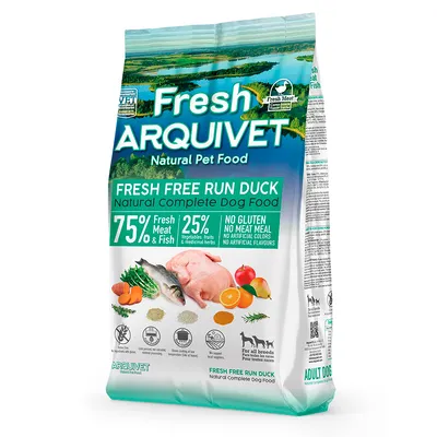 Arquivet Fresh Free Run Duck krmivo pro psy, 75 % čerstvého masa a ryb, 25 % zeleniny a bylin, bez lepku, bez umělých barviv a aromat. Vhodné pro všechna plemena.