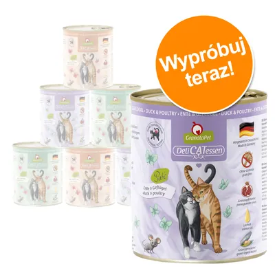 GranataPet DeliCATessen, puszka z karmą dla kotów, smak: kaczka i drób. Widoczne napisy: 'Wypróbuj teraz!', 'Paté', 'Ente & Geflügel duck & poultry'.