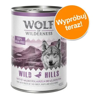 Wolf of Wilderness Wild Hills, 100% grain-free, kaczka z owocami leśnymi, korzeniami i ziołami, 400 g. Pomarańczowe koło z napisem: Wypróbuj teraz!