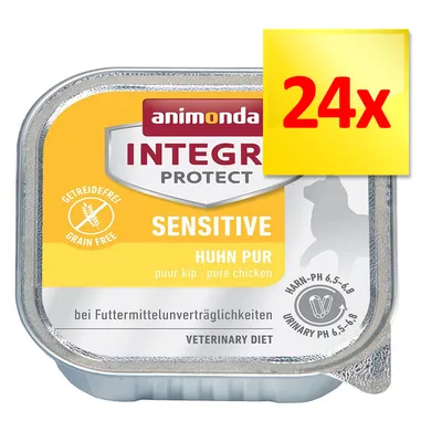 animonda INTEGRA PROTECT Sensitive Huhn Pur, 24x. Grain free, veterinary diet, Harn-pH 6,5–6,8. Tekst w języku niemieckim i angielskim na opakowaniu.