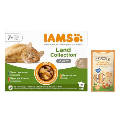 12 x 85g IAMS Advanced Nutrition Wet Cat Food + Meowee! Cat Treats Free! * Senior 7+ Land Collection in Jelly (3 Flavours) (12 x 85g) + Savoury Spoonables Chicken (8 x 14g)