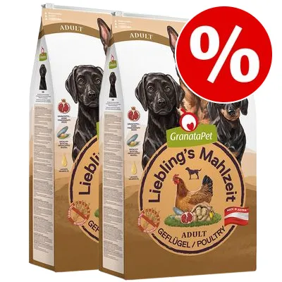 Två påsar GranataPet Liebling's Mahlzeit Adult Geflügel/Poultry hundfoder med röd procent-symbol för rabatt. Synliga ingrediensbilder och texten 'Made in Germany'.
