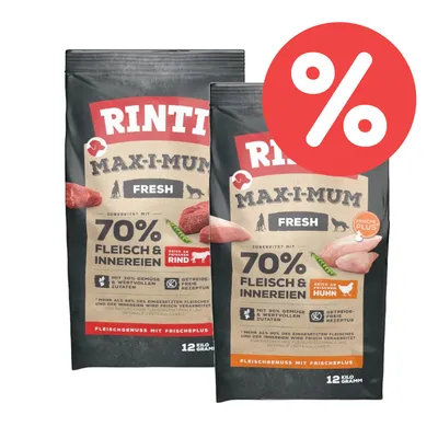Rinti Max-i-Mum Fresh Hundefutter, 70% Fleisch & Innereien, reich an Rind und Huhn, getreidefreie Rezeptur, Frische Plus, 12kg Packung. Prozentzeichen für Rabatt sichtbar.