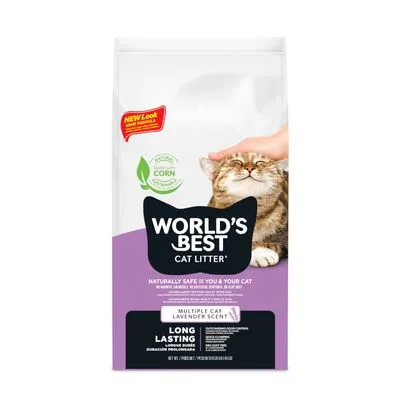 WORLD'S BEST CAT LITTER, Multiple Cat Lavender Scent, Long Lasting. Natuurlijk veilig, gemaakt van maïs. Kat wordt geaaid op de verpakking.
