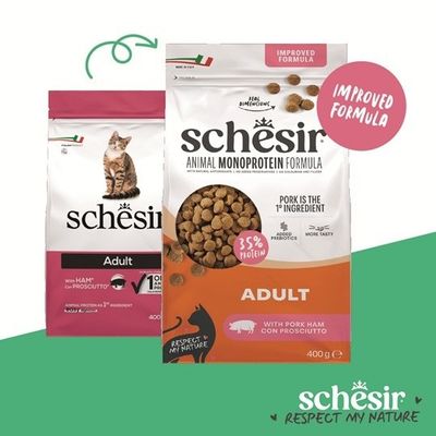 Schesir Animal Monoprotein Formula Adult med skinkkött från gris, förbättrad innehåll, 35% protein, huvudingrediens gris, 400 g påse synlig.