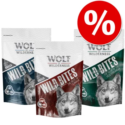 Wolf of Wilderness Wild Bites, Grain Free Snack, The Taste of Canada, The Taste of the Mediterranean, akcia so symbolom percenta na obale troch balení maškŕt pre psov.