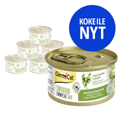 GimCat Superfood ShinyCat Duo -kananfilee omenan kanssa, 6 x 70 g purkit. Sininen ympyrä: KOKEILE NYT. GimCat Superfood ShinyCat Duo -kananfilee omenan kanssa, 6 x 70 g purkit. Sininen ympyrä: KOKEILE NYT.