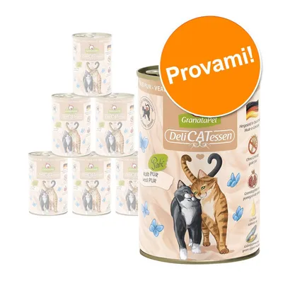 GranataPet DeliCATessen Paté Kalb PUR, confezione di lattine con due gatti illustrati sull'etichetta e bollino arancione con testo 'Provami!'. Testo visibile anche: Made in Germany.