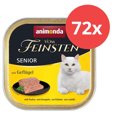 Animonda Vom Feinsten Senior mit Geflügel, 72x Portionsschalen. Abbildung einer weißen Katze und Geflügelpastete auf schwarzem Teller.