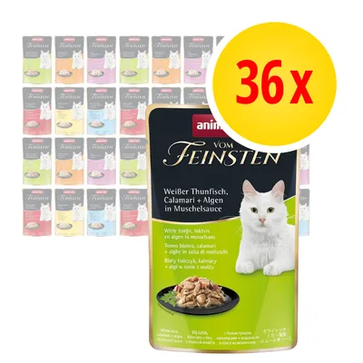 Animonda Vom Feinsten Biały tuńczyk, kalmary i algi w sosie z małży, opakowanie 36 x 85 g. Widoczny przód saszetki z białym kotem i daniem.