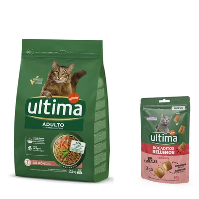 60 g gratis! 2,5 kg hrană uscată Ultima Cat + gratis 60 g snack Ultima pentru pisici - Adult Somon 2,5 kg + Snacks Bucățele umplute cu vită 60 g