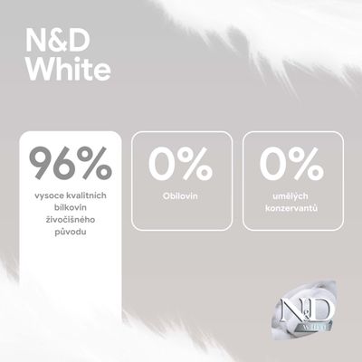 N&D White. 96% kvalitných živočíšnych bielkovín, 0% obilnín, 0% umelých konzervačných látok.
