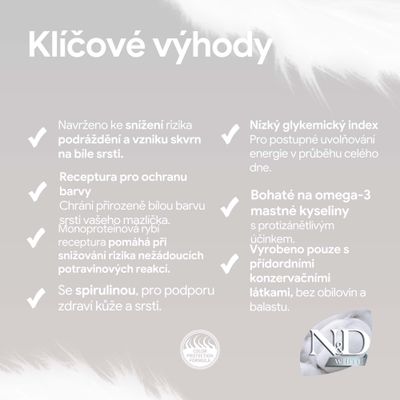 Výhody: Snížené riziko podráždění kůže a skvrn, ochrana barvy srsti, spirulina pro kůži a srst, nízký glykemický index, omega-3, přírodní konzervační látky.