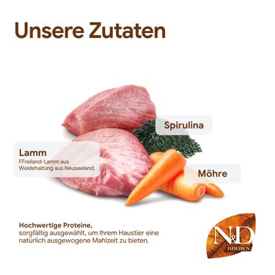 Unsere Zutaten: Lamm aus Neuseeland, Spirulina, Möhre. Hochwertige Proteine für eine ausgewogene Mahlzeit. N&D Brown Logo unten rechts.