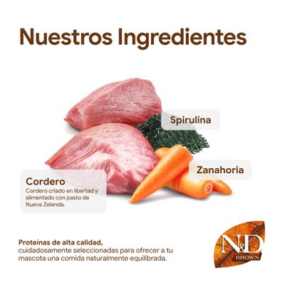 Ingredientes: carne de cordero, espirulina, zanahoria. Cordero de Nueva Zelanda, proteínas de alta calidad para una alimentación equilibrada. Marca: N&D Brown.
