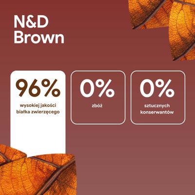 N&D Brown. 96% wysokiej jakości białka zwierzęcego, 0% zboż, 0% sztucznych konserwantów.