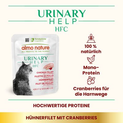 Almo Nature Urinary Help HFC, Hühnchenfilet mit Cranberries, für erwachsene und ältere Katzen. Zutaten ursprünglich für menschlichen Verzehr geeignet, jetzt Katzenfutter.