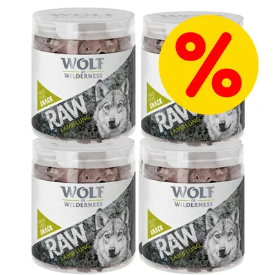 Four tubs of freeze-dried snack labelled RAW lamb lung with a large yellow percentage discount symbol in the corner, indicating a special offer or promotion.
