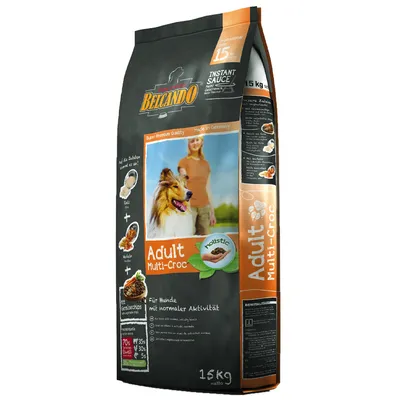 Belcando Adult Multi-Croc holistic dry dog food, 15 kg bag. Visible text: Für Hunde mit normaler Aktivität, 70% tierisches Eiweiß, 35% Geflügel, 30% Rind, 5% Fisch.