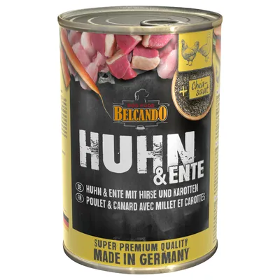 Belcando pui și rață cu mei și morcovi, super premium, fabricat în Germania, conține semințe de chia.