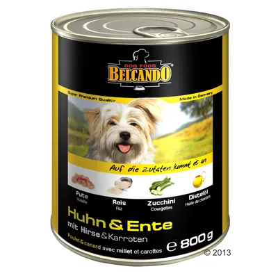 Konzerva Belcando Dog Food Huhn & Ente mit Hirse & Karroten 800 g, viditelné složky: krůta, rýže, cuketa, ostropestřcový olej. Text: Super Premium Quality, Made in Germany.