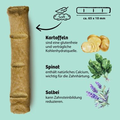 Kaustick, weich, ca. 65 x 10 mm. Zutaten: Kartoffeln als glutenfreie Kohlenhydratquelle, Spinat mit natürlichem Calcium für Zahnhärtung, Salbei kann Zahnsteinbildung reduzieren.