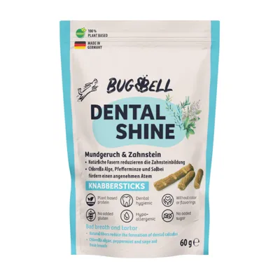 BugBell Dental Shine chew sticks, vegan, Made in Germany, natural fibres reduce tartar, chlorella algae, peppermint and sage support fresh breath, 60g.