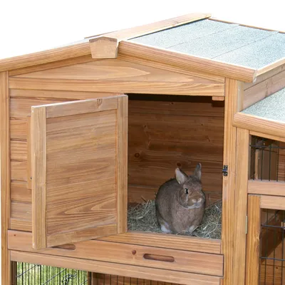 Holz-Kleintierstall mit geöffnetem Türchen, innen ein braunes Kaninchen auf Heu. Stall mit grünem Dach und Gitterelementen.