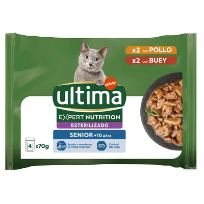 Ultima Expert Nutrition Esterilizado Senior +10 años, pack de 4x70g con pollo y buey. Ayuda a mantener la masa muscular y control del peso. Marca Affinity visible en el envase.