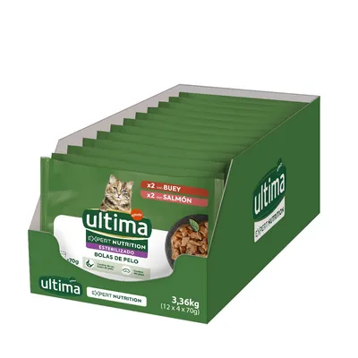 Boîte de sachets Ultima Expert Nutrition pour chat stérilisé, 3,36 kg (12 x 4 x 70 g), variétés visibles : x2 con buey, x2 con salmón. Texte en espagnol sur l’emballage.