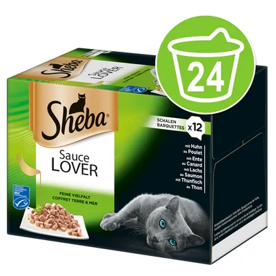 Sheba Sauce Lover kattemad, Feine Vielfalt. Synlig tekst: Schalen Barquettes x12, mit Huhn, Ente, Lachs, Thunfisch. Stor grøn cirkel med hvidt spandikon og tallet 24.