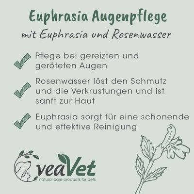 Euphrasia Augenpflege mit Rosenwasser: Pflege bei gereizten Augen, sanfte Reinigung von Schmutz und Verkrustungen. Marke: veaVet, natürliche Pflegeprodukte für Haustiere.